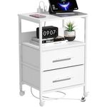 Bedside Table with Charging Station, Nightstand with 2 Outlets and 2 USB Ports, Bedside Table with 4 Castors, End Table with Metal Frame and Fabric Drawers, for Bedroom, Living Room (2*Drawers, White)