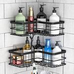 Yazoni Corner Shower Caddy, Adhesive Shower Shelves No Drilling [2-Pack], Rustproof Stainless Steel Bathroom Shower Organizer Wall Mounted with 8 Hooks (Black)