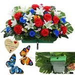 ALL SPECIAL Headstone Saddle Flowers - Tombstone Saddle Flowers for Memorial Day, Grave Saddle Flowers for Cemetery in Patriotic Colors, Gravestone Saddle Floral Never Be Blown Away by Strong Winds