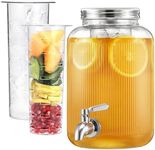 Navaris Glass Drink Dispenser with Tap - 4L (1 gal) Ripple Design Beverage Dispenser with Ice Insert & Fruit Infuser - for Cold Brew Coffee, Cocktails, Juice, Water & other Drinks