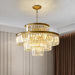 Depuley Modern Crystal Chandelier Gold, 23" 12-Light Luxury Small Chandeliers Adjustable, 4-Tier Crystal Light Fixture for Dining Room, Living Room, Bedroom, Hallway(E12 Bulbs Included, UL Listed)