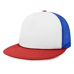 DALIX Flat Billed Trucker Hat Mesh Back S M L Adjustable Cap Solid Two Toned Snapback, Red-white-royal, One size