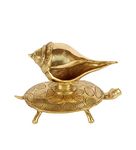 Two Moustaches Brass Shankh Over Tortoise, Shankh Holder, Brass Feng Shui Tortoise, Brass Conch, Standard, Pack of 2 (Brass Tortoise & Brass Conch)