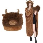 Wearable Blanket Hoodie for Adults, Highland Cow Blanket, Super Warm and Cozy Flannel Sherpa Hoodie Throw Cloak, for Women and Males