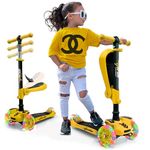 Hurtle 3-Wheeled Scooter for Kids - Wheel LED Lights, Adjustable Lean-to-Steer Handlebar, and Foldable Seat - Sit or Stand Ride with Brake for Boys and Girls Ages 1-14 Years Old, Yellow