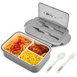 BIBURY Lunch Box, Leakproof Bento Box for Kids Adults, Food Container with 3 Compartments and Cutlery Set, BPA Free, Microwave and Dishwasher Safe Meal Prep Containers - Grey