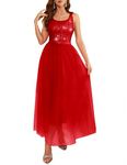 BeryLove Sequin Dress for Woman Vintage A Line Wedding Formal Swing Mesh Dress Sleeveless Cocktail Maxi Gowns, Long-red, Medium