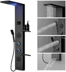 Homevacious 4 In 1 Shower Panel Shelf LED Rainfall Shower Head and Adjustable Massage Body Jets 3-Functions with Handheld Shower Tub Spout Stainless Steel Bathroom Shower Fixtures Matte Black