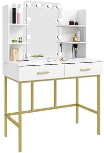 WOLTU Table de Maquillage Meuble Coiffeuse avec Miroir et LED Meuble de Maquillage en Bois et Métal avec 4 Étagères de Rangement et 2 Tiroirs, Style Moderne, Blanc et Or 90x45x136cm MB6077ws