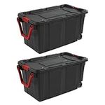 Sterilite 14699002 40 Gallon/151 Liter Wheeled Industrial Tote, Black Lid & Base with Racer Red Handle & Latches, 2-Pack