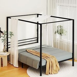 Artiss Queen Bed Frame Four Poster Beds Platform Base Heavy Duty Metal Slats Frames Bedroom Room Decor Home Furniture Black with Reinforced Legs, 300kg Weight Capacity, Modern Design