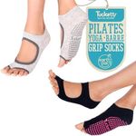 Tucketts Allegro Toeless Pilates Socks with Grips for Women, Non-Slip Open-Toe Grip Socks for Yoga, Barre, Dance, Reformer, Home - Moisture-Wicking, S/M, Size 6-9 - Black & Static Grey - 2 Pairs