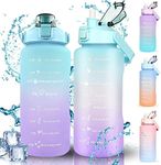 Water Bottle, 2L Motivational Water Bottle, RKINC Sport Drinks Gym Sipper Large Capacity Drinking Bottle with Straw, Marker & Holding Strap, Reusable 67 OZ Leakproof BPA Free Water Jug (Green-Purple)