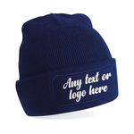 Personalised Beanie | Any Text, Any Image or Logo Patch Beanie | Custom Men’s Skullies & Wooly Hats with Adjustable Fit | Perfect for Winter Wear | Unisex Gift (Navy)