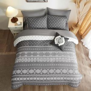 Geniospin King Comforter Set 7 Piece, Reversible Boho King Comforter Folkloric Art Pattern, All Season Comfortable Aztec Bedding Set (Grey King, 102x90 Inches)