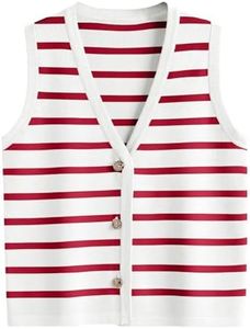 LILLUSORY Vest Tops for Women 2026 Spring Striped Sweaters Button Up Summer Business Casual Outfits Womens Blouses Jackets Fashion Clothes Sleeveless V Neck Tops WhiteRed XS