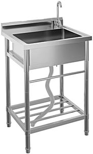 GarveeTech Free Standing Utility Sink, 24" Single Bowl Stainless Steel Commercial Kitchen Sink with Cold and Hot Water Pipe, for Indoor & Outdoor