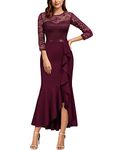 MISSMAY Women's Vintage Lace 2/3 Sleeves Evening Party Wedding Guest Formal Long Dress (Small, Burgundy)