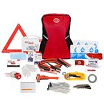 72 HRS Essential Backpack Car Safety Kit or Auto Roadside Emergency Assistance Including First Aid, Jumper Cables, Hammer, Water & Food Rations, Tow Rope, Reflective Warning Triangle (Red)