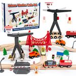 Wooden Train Set, 56-Piece Deluxe Kids Toy Train Set for 2 3 4 5 Year Old Boy, Cargo-Themed Train Track with Tower Crane & Suspension Bridge - Fits Thomas Brio Chuggington Melissa Orbrium