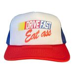 Drive Fast Eat Ass Hat Snapback Trucker Hat for Men or Women, Vintage Fit with Funny Novelty Graphic, Custom Mesh Hat, Red/White, Medium-X-Large