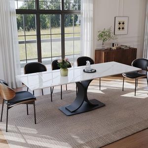 Modern Extendable Dining Room Table - 63" to 94.5" Expandable Dining Table for 6-12, Glossy White Sintered Stone Top with Black Metal Base, Easy Assembly Kitchen Table Only