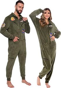 Silver Lilly FUNZIEZ! Fighter Pilot Costume - Adult Military Flight Suit Jumpsuit Pajamas (Olive, Medium)