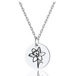 Birth Flower Disc Necklaces for Women 925 Sterling Silver December Daffodil Guardian Month Floral Pendant Dainty Round Coin Medal Jewelry Birthday Gifts for Mom