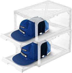 Hat Organizer Box Clear Baseball Cap Storage with Sliding Drawer Tray,Stackable Display Case Holds 10 Hats Each,Dustproof Acrylic Container for Linen Closet Organizers (2 PCS Hat Organizer)