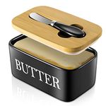 Butter Dish with Lid and Knife, Porcelain Butter Container with Double Silicone Seals Cover, Ceramic Butter Keeper for Countertop, Perfect for East West Coast Butter, 650ml (Black)