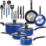 SereneLife 20-Piece Blue Cookware and Knives Set - Includes Multi-Sized Nonstick Pots and Pans with Lids and Utensils, Heat Resistant, Dishwasher Safe