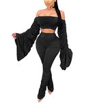 Remxi Women Sexy 2 Piece Outfits Off Shoulder Long Sleeve Top Solid Ruched Stacked Bodycon Pants Set Clubwear - Black - Small