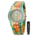 Women Wooden Watches Handmade Colorful Bamboo Wood Watch Analog Quartz Fashion Wristwatch with Mix Colors, small size (watch case 32mm)