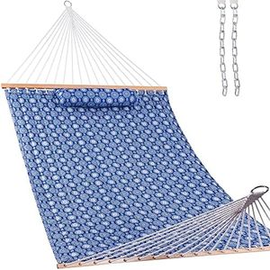 Lazy Daze Hammocks Quilted Fabric Hammock with Pillow for Two Person Double Size Spreader Bar Heavy Duty Stylish, Blue Floral