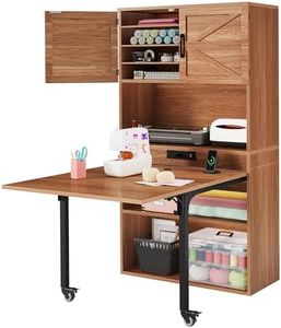 DWVO Sewing Craft Table with Storage, Craft Armoire with Fold-Out Table and USB Power Outlets, Large Capacity Sewing Cabinet with Adjustable Shelves for Home or Studio