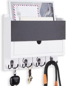 Lucundm Mail and Key Holder Wall Mount with Storage Drawer – Modern Wooden Mail Organizer for Wall Entryway, 7 Key Hooks & Chalkboard Panel – Stylish Home Decor for Apartments, Living Room, Office