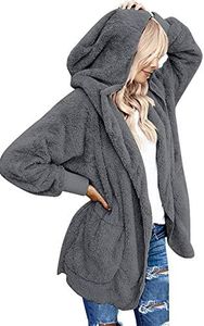 Yanekop Womens Fuzzy Fleece Open Front Hooded Cardigan Jackets Sherpa Outerwear Coats with Pockets(05 Dark Grey,3XL)