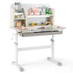 GYMAX Kids Desk, Height Adjustable Writing Table with Tiltable Desktop, Storage Shelf, Drawer, Pen Holder & Ruler, School Home Children Study Desk for 3-12 Years Old Boys Girls (Gray)