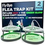 Fly-Bye Flea Trap Kit with Unique Green Light – 2 Flea Traps with 12 Non-Toxic Sticky Pads – Unscented Fleas Killer for Home – No Spray or Bomb Needed - Green Light and Heat Irresistible to Fleas