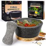 Tortillada – 16 cm Mortar and Pestle Set Large Made of Natural Granite with Anti-Scratch Wood Base Granite Spice Herb Grinder Pill Crusher with 50 Recipes, Black