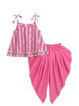 The Magic Wand Printed Kids Girls Dhoti Kurta Set Frock Style Kurti With Dhoti Style Salwar Cotton Sleeveless Tie Up Lace Top Ethnic Dress For Navratri, Dark Pink, 9-10 Year