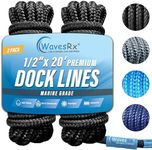 WavesRx 1/2” x 20’ (2PK) Premium Dock Lines for Boat & Pontoon | Double Braided Nylon Boat Ropes for Docking with Loop | Marine Dock Lines | UV & Saltwater Resistant Boat Dock Line | Boat Mooring Rope