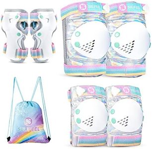 SULIFEEL Rainbow Unicorn Knee Pads for Kids Knee Elbow Pads Wrist Guards with Drawstring Bag Adjustable Protective Gear Set for Girls Roller Skating Bike Cycling Skateboard Scooter Shiny Medium