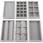 BELLE VOUS 6 Pack of Grey Velvet Stackable Jewellery Organiser Storage Trays - 6 Assorted Drawer Display Boxes - 36 Total Compartments for Necklaces, Rings, Bracelets, Earrings, and More