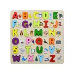 wishkey 3d wooden capital alphabet puzzles with pictures for children, montessori educational learning letters puzzle board toy- Multi color