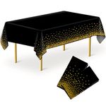 Mokani Disposable Table Cloth, 2 Pack Party Table Cloth, Black and Gold Plastic Tablecloth, Dot Confetti Rectangular Table Covers for Picnic Weddings Birthday Parties Halloween Thanksgiving 54" x 108"