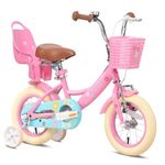 Glerc Maggie 12 Inch Girls Bike Ages 1 2 3 4 Years Old Kids Bicycle Princess Style with Doll-Seat & Basket & Training Wheels & Bell for Birthday, Pink