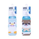 Hopop Baby Feeding Bottle Cover|Soft & Stretchable Wide Neck Bottle Cover For Baby|Baby Bottle Cover|Cute Animated Overall Print Baby Bottle Feeding Cover|Pack Of 2|Blue & Brown, 240 Ml