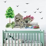 Tree House Wall Stickers Large Green Tree Wall Decals Watercolor Flying Bird Tree Wall Stickers Nature Landscape Wall Decals Tree House Wall Decals for Bedroom Nursery Living Room Decor