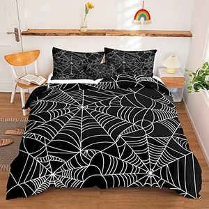 Halloween Bedding Queen Size 3 Pieces Halloween Duvet Cover Set Spider Web Pattern Design Cartoon Kids Trick or Treat Comforter Cover Black Halloween Bedding Sets (Queen, Black3)